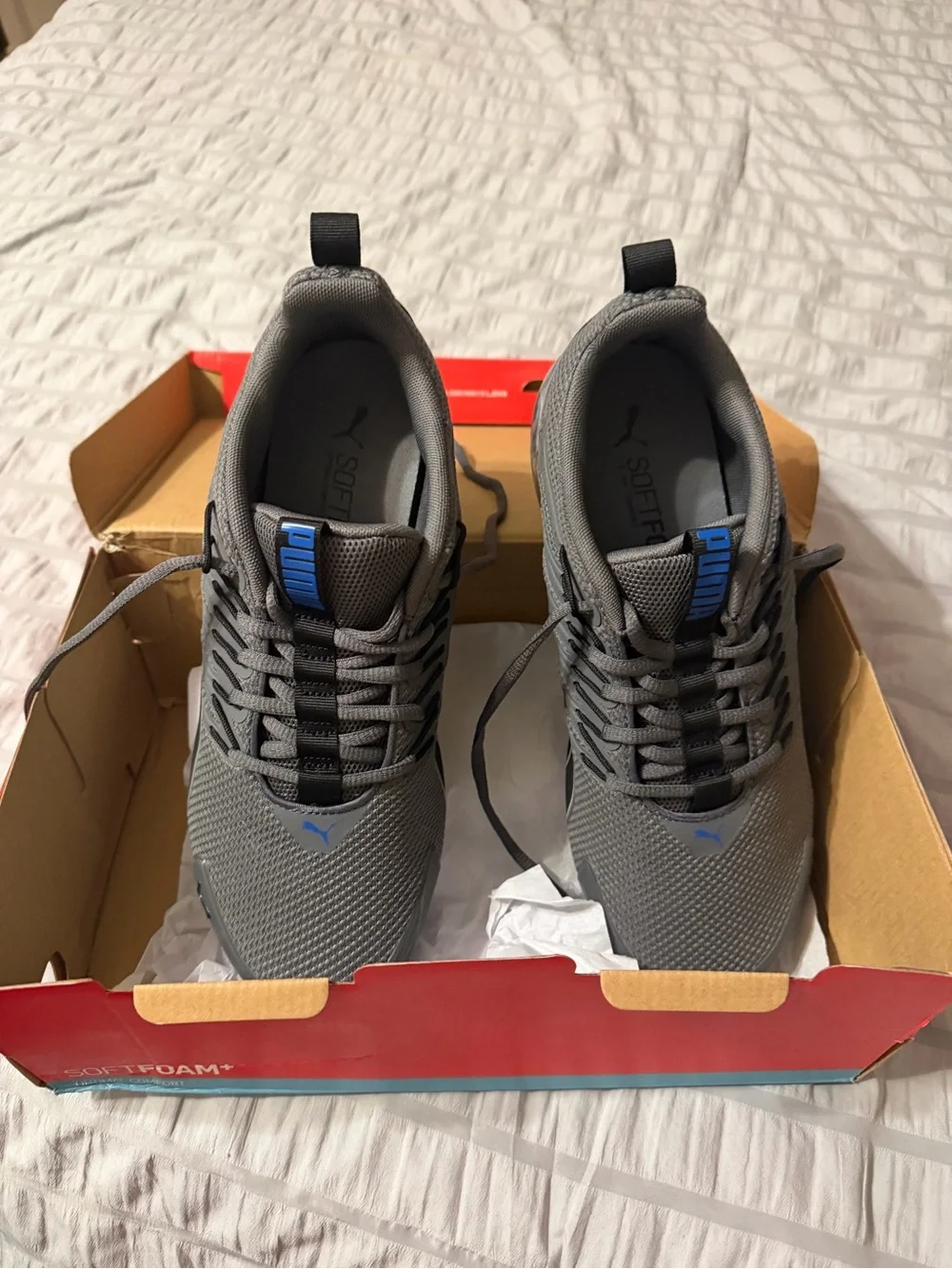 Puma Men’s Gray Athletic Shoes with Blue Logo Accents